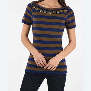 Hp 🎉BURBERRY Bronze Gem Embellished Stripe Top  BATEAU NECKLINE tee shirt